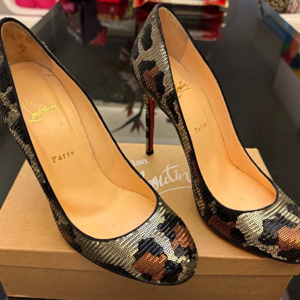 Christian Louboutin Fifi Leopard Print Sequin Heels Mint Condition Super Rare - Picture 3 of 4